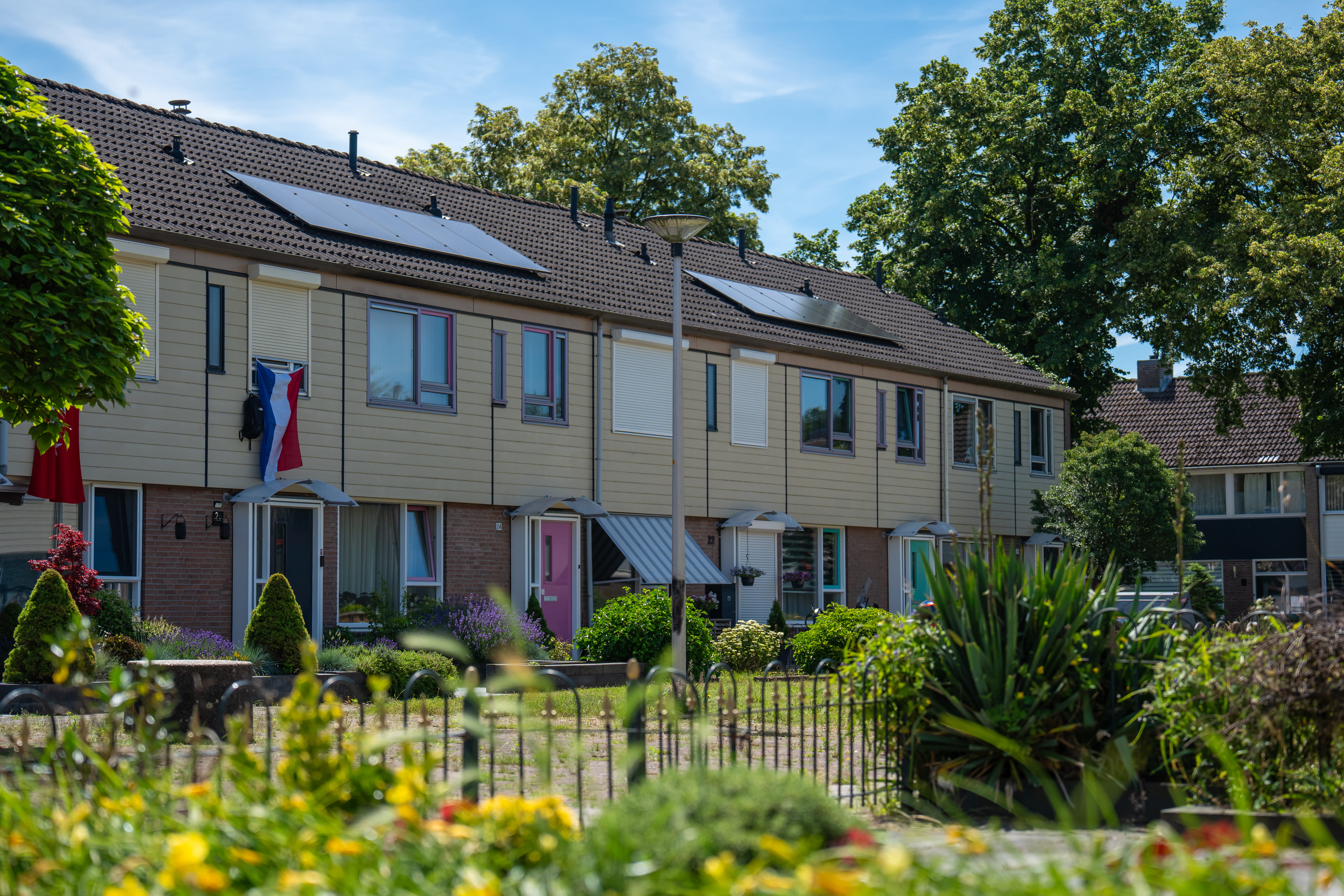 sfeerfoto van een blok rijtjeshuizen met gekleurde deuren